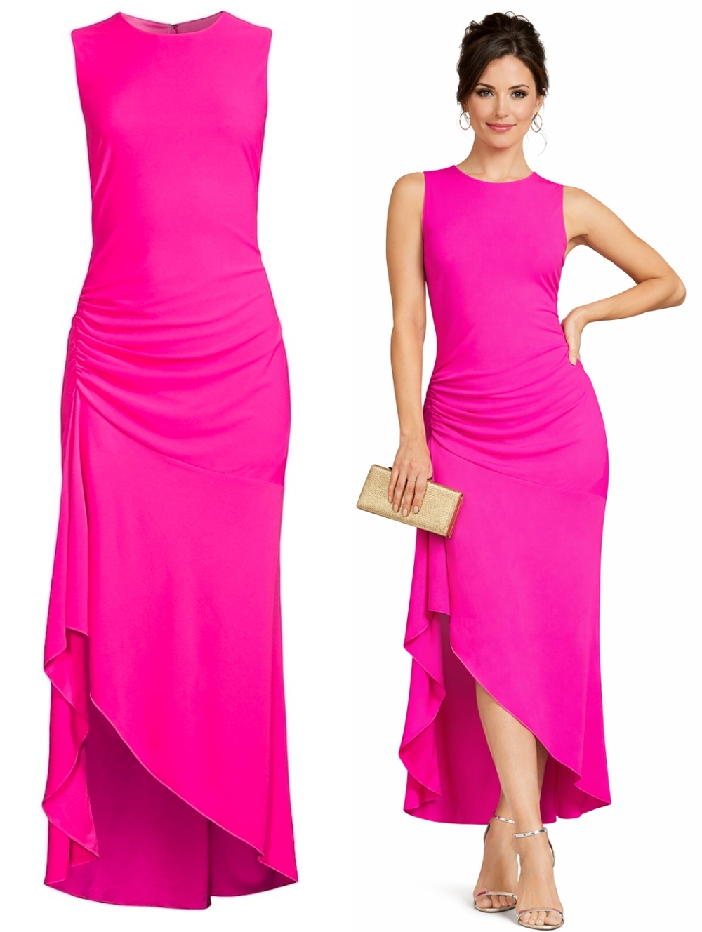 ONE33 SOCIAL Hot Pink Jersey Flounce Hem Midi Dress
